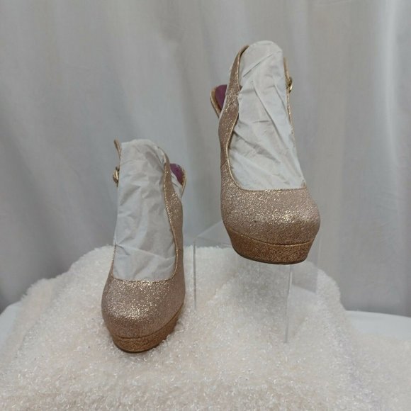 Madden Girl Sookiee Shoes Size 8.5 Gold Glitter Sling Back Platform Heels Pumps - Picture 2 of 10